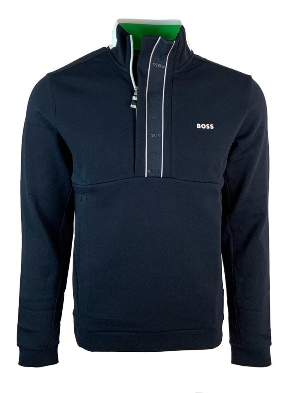 BOSS Navy Half-Zip Pullover with White Trim and Neon Green Accents